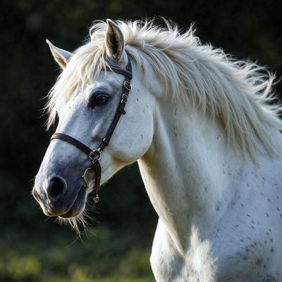 The primary subject of the image is a white horse with a flowing mane. The horse is standing in a grassy field, with its head turned to the side. The setting appears to be a natural environment, possibly a pasture or a field. The visual style of the image is a photo, capturing the horse in its natural habitat. The colors in the image are predominantly shades of white and green, creating a calm and serene atmosphere.